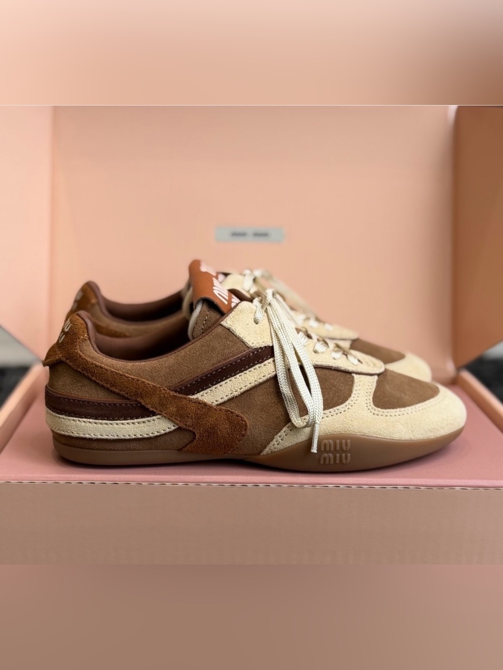 Miu Miu Brown and Cream Suede Low-Top Sneakers